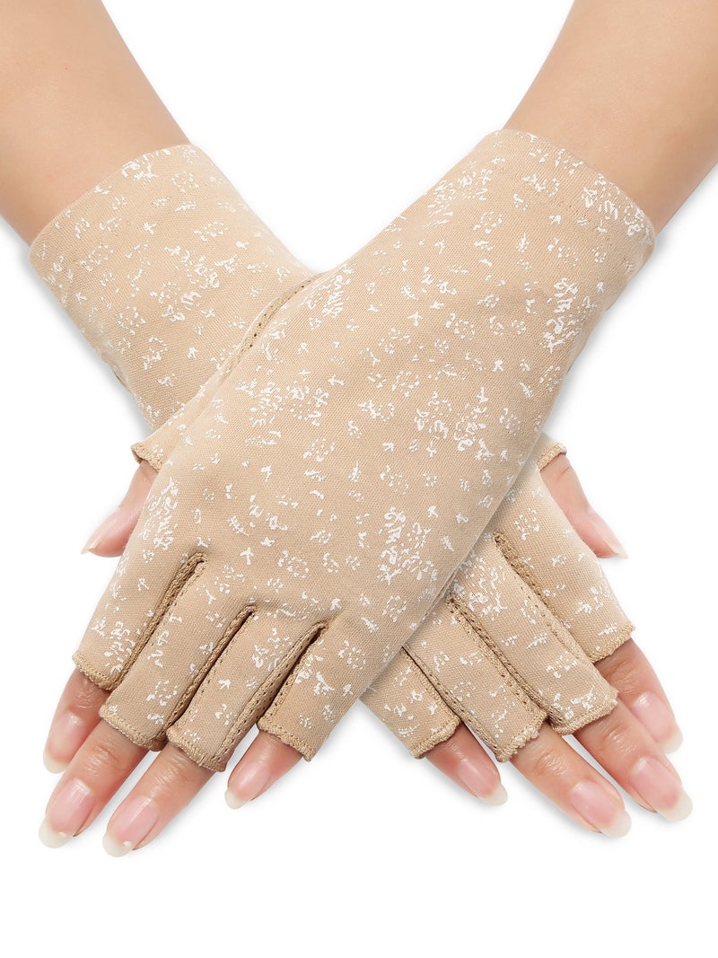 Maxdot 1 Pair Women Sunblock Fingerless Gloves UV Protection Driving Gloves Summer Mitten Non Slip for Outdoor Cycling Manicures (Khaki) - Image 1