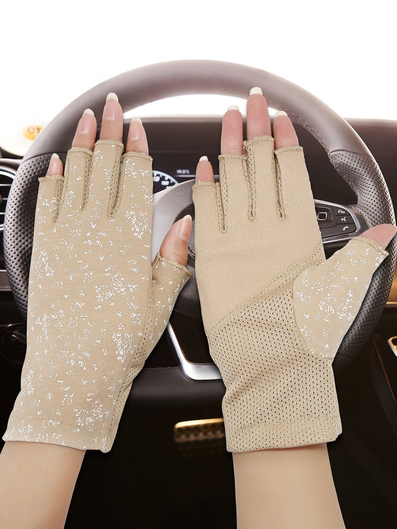 Maxdot 1 Pair Women Sunblock Fingerless Gloves UV Protection Driving Gloves Summer Mitten Non Slip for Outdoor Cycling Manicures (Khaki) - Image 4