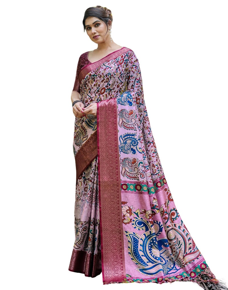 SIRIL Women's Silk Kalamkari Printed Saree With Unstitched Blouse Piece (4290S232_Pink & Multi) - Image 1
