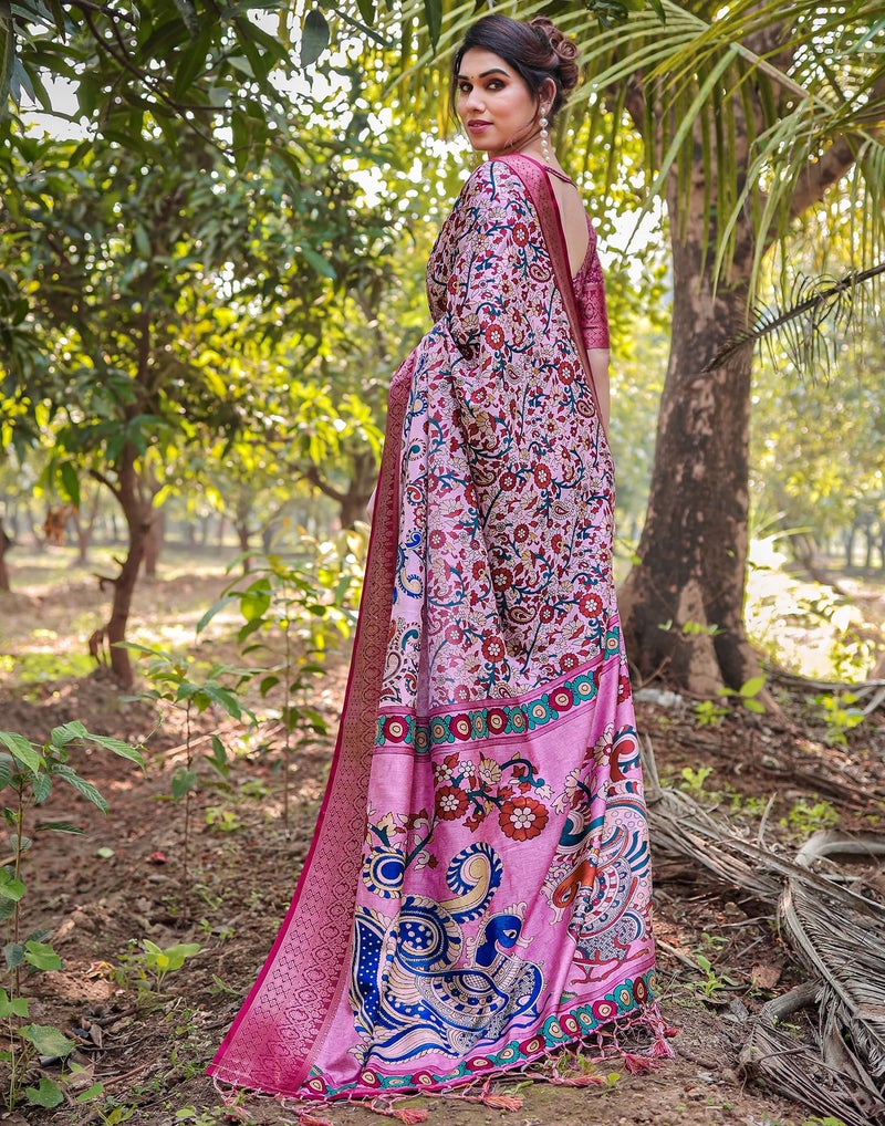SIRIL Women's Silk Kalamkari Printed Saree With Unstitched Blouse Piece (4290S232_Pink & Multi) - Image 4