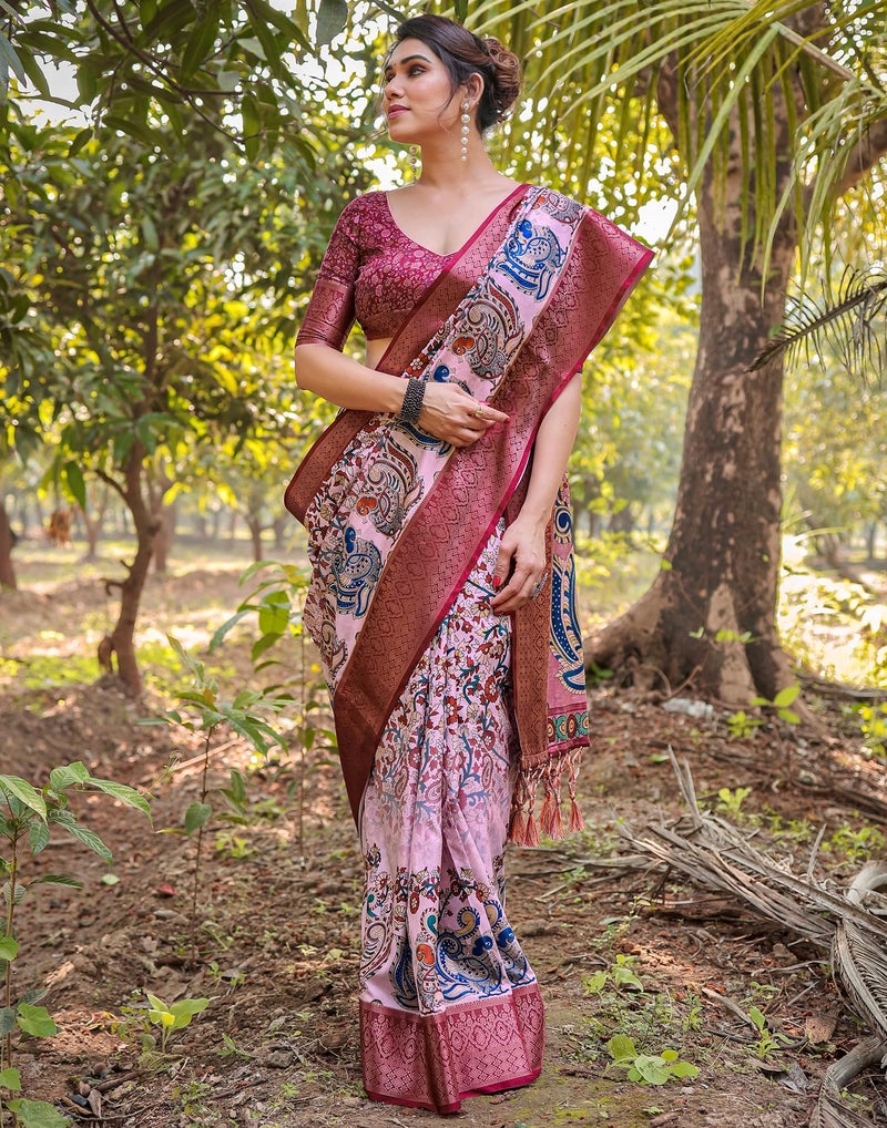 SIRIL Women's Silk Kalamkari Printed Saree With Unstitched Blouse Piece (4290S232_Pink & Multi) - Image 2