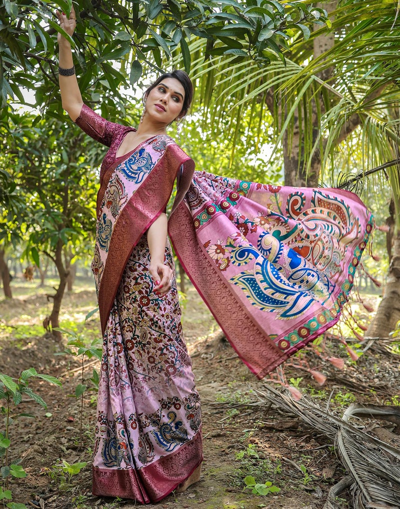 SIRIL Women's Silk Kalamkari Printed Saree With Unstitched Blouse Piece (4290S232_Pink & Multi) - Image 3