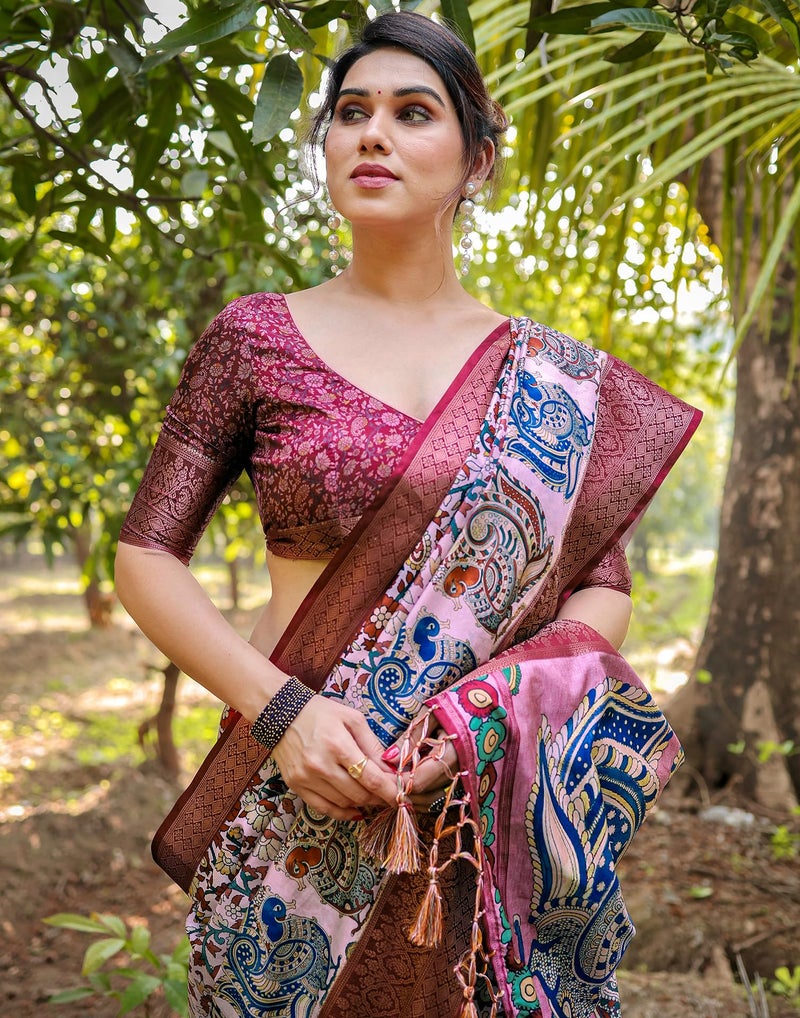 SIRIL Women's Silk Kalamkari Printed Saree With Unstitched Blouse Piece (4290S232_Pink & Multi) - Image 5