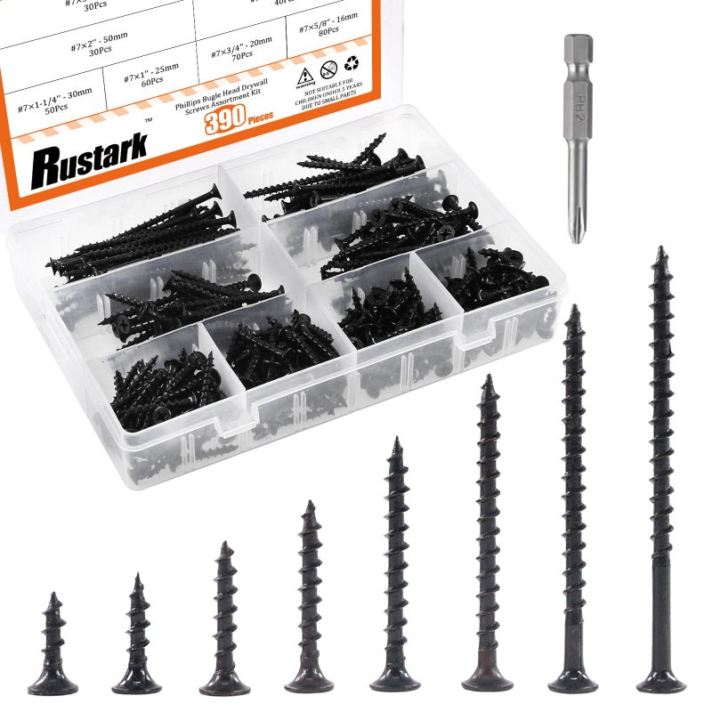 Rustark 390Pcs 7 Coarse Thread Drywall Screw with Phillips Drive Black Oxide Finsh Bugle Head Wood Screws Assortment Kit Ideal for Drywall Sheetrock - Image 2