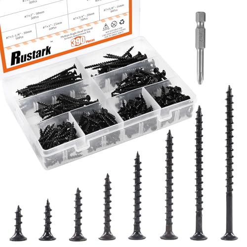 Rustark 390Pcs 7 Coarse Thread Drywall Screw with Phillips Drive Black Oxide Finsh Bugle Head Wood Screws Assortment Kit Ideal for Drywall Sheetrock - Image 1