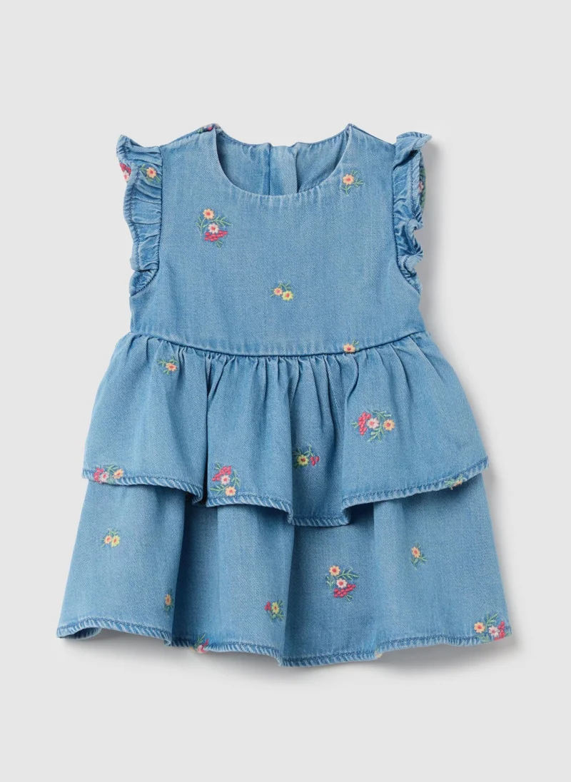 او في اس Tiered Denim Dress With Flowers Embroidery