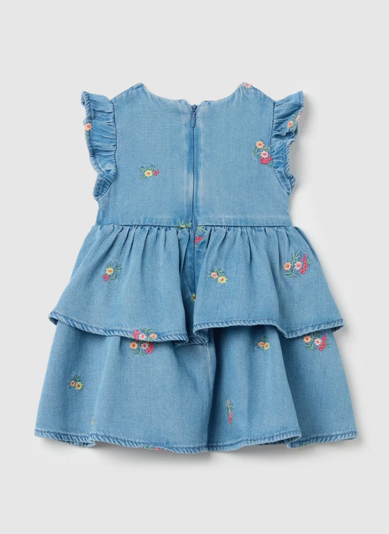 او في اس Tiered Denim Dress With Flowers Embroidery