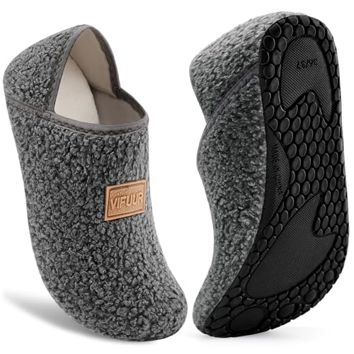 VIFUUR House Slippers for Women Men Slip on Indoor Barefoot Slipper Socks Fuzzy Cozy Sock Shoes for Home Bedroom Travel Grey,40/41 - Image 1