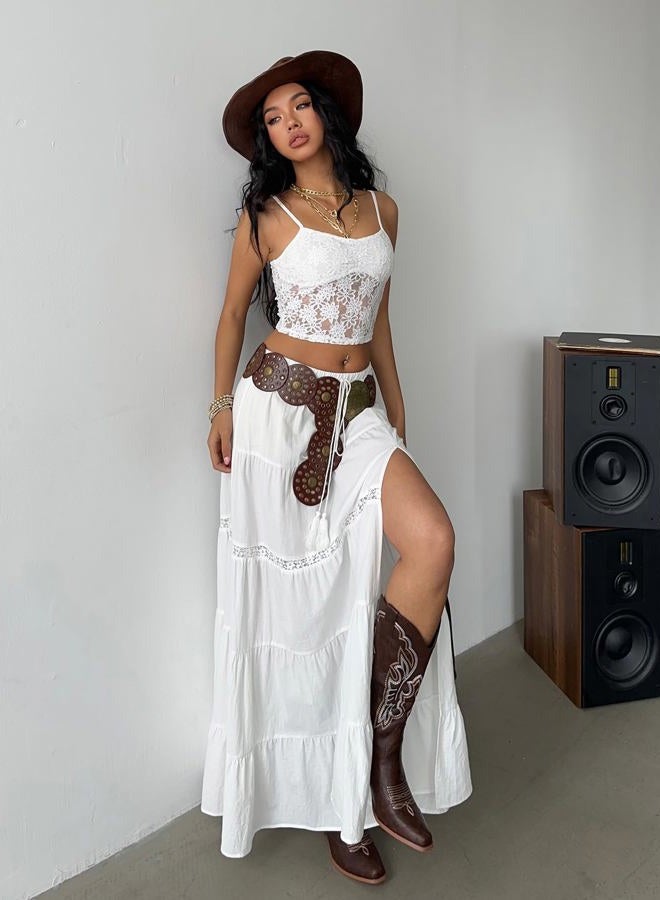 Verdusa Women's Boho Western Lace Long Skirt Drawstring Waist Layered Ruffle Skirts, White, S - Image 3