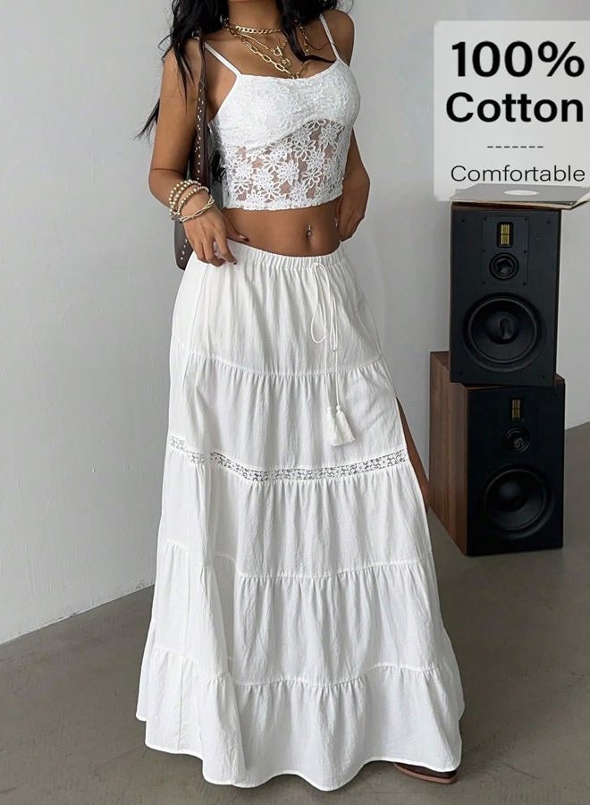 Verdusa Women's Boho Western Lace Long Skirt Drawstring Waist Layered Ruffle Skirts, White, S - Image 5