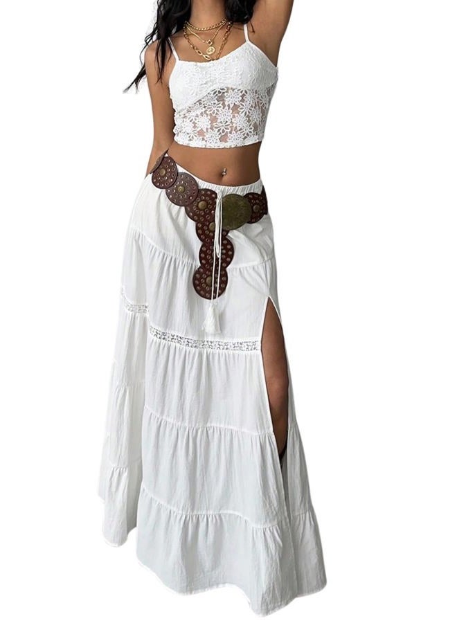 Verdusa Women's Boho Western Lace Long Skirt Drawstring Waist Layered Ruffle Skirts, White, S - Image 1
