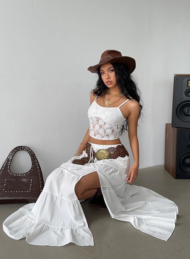 Verdusa Women's Boho Western Lace Long Skirt Drawstring Waist Layered Ruffle Skirts, White, S - Image 4
