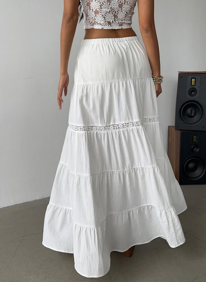 Verdusa Women's Boho Western Lace Long Skirt Drawstring Waist Layered Ruffle Skirts, White, S - Image 2