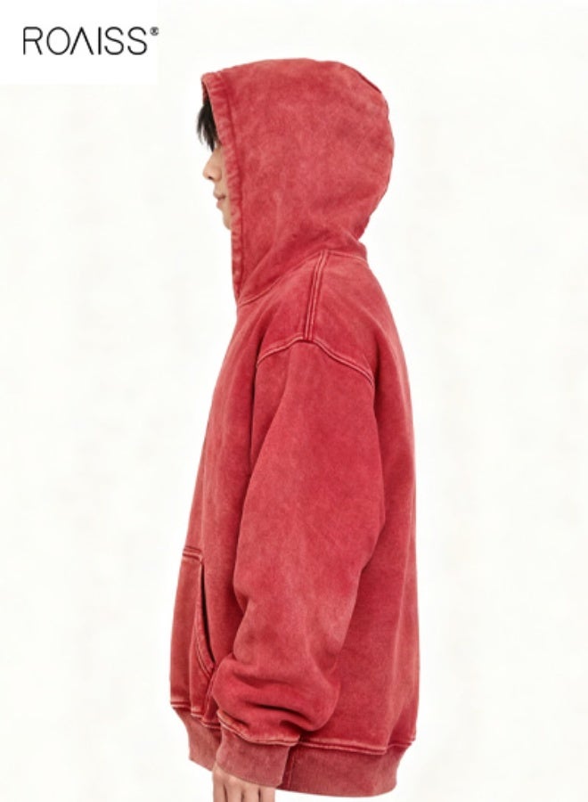 roaiss Men's Oversized Retro Pullover Hoodie Plush Fleece Heavyweight Winter Sweatshirt with Drop Shoulder Design, Warm Lined Hooded Unisex Sweatshirt for Casual Couples Streetwear - Image 1