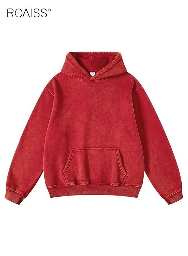roaiss Men's Oversized Retro Pullover Hoodie Plush Fleece Heavyweight Winter Sweatshirt with Drop Shoulder Design, Warm Lined Hooded Unisex Sweatshirt for Casual Couples Streetwear - Image 2