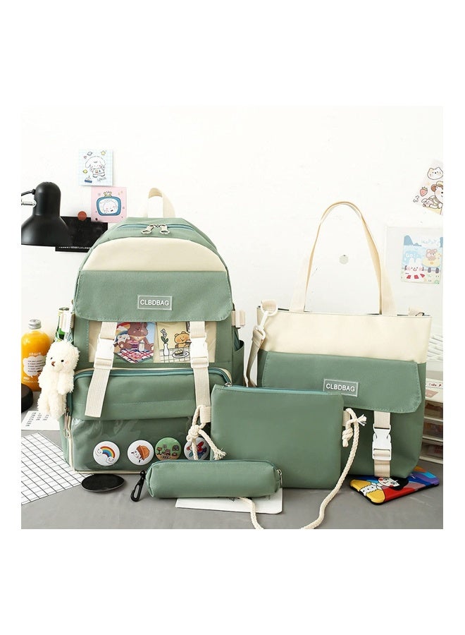 4 PCS Backpack Combo Set, with Bear Pendant Cute Cartoon Kawaii Accessories Canvas Kawaii School Bag Sets with Pencil Box Lunch Box Bag (Green) - Image 3
