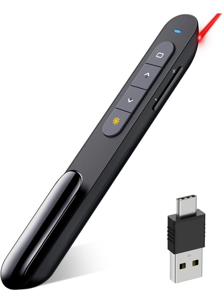 جهاز تحكم لاسلكي للعروض التقديمية USB C مع مؤشر أحمر وتحكم بالصوت وتقليب شرائح PowerPoint لأجهزة Mac واللابتوب والكمبيوتر - Image 1