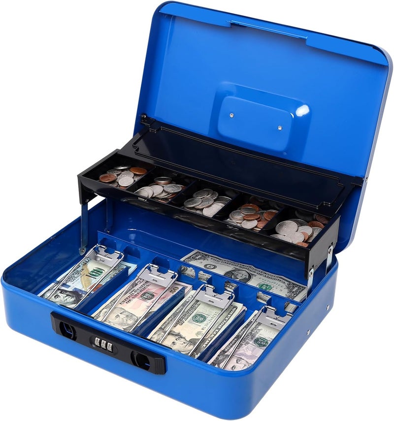 Jssmst Locking Cash Box with Coin Lid, 11.8L x 9.5W x 3.5H Inches, Latch Safe Money Box with Combination Lock, Blue - Image 1