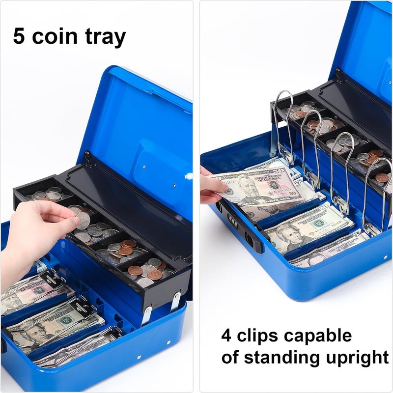 Jssmst Locking Cash Box with Coin Lid, 11.8L x 9.5W x 3.5H Inches, Latch Safe Money Box with Combination Lock, Blue - Image 3