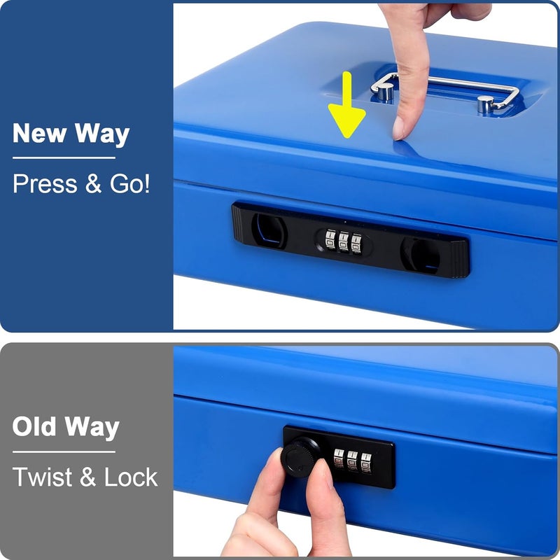 Jssmst Locking Cash Box with Coin Lid, 11.8L x 9.5W x 3.5H Inches, Latch Safe Money Box with Combination Lock, Blue - Image 4
