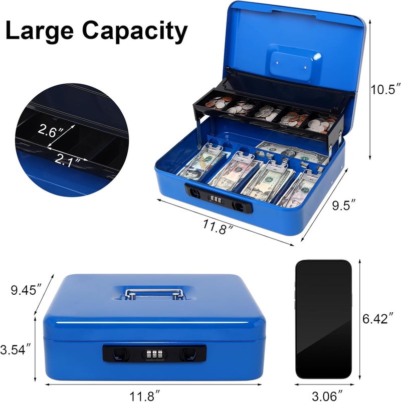 Jssmst Locking Cash Box with Coin Lid, 11.8L x 9.5W x 3.5H Inches, Latch Safe Money Box with Combination Lock, Blue - Image 2