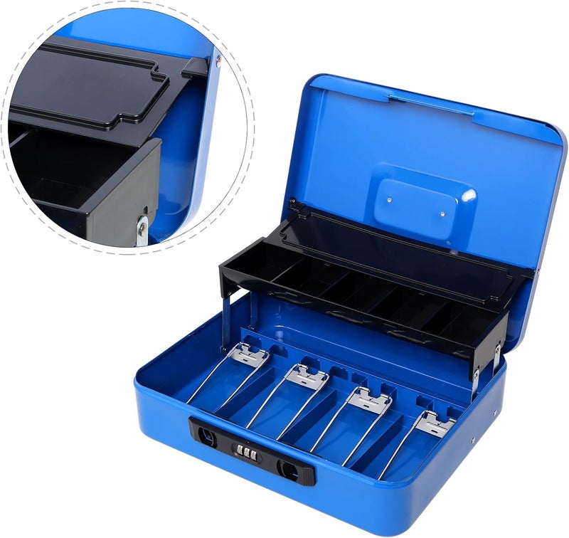 Jssmst Locking Cash Box with Coin Lid, 11.8L x 9.5W x 3.5H Inches, Latch Safe Money Box with Combination Lock, Blue - Image 5