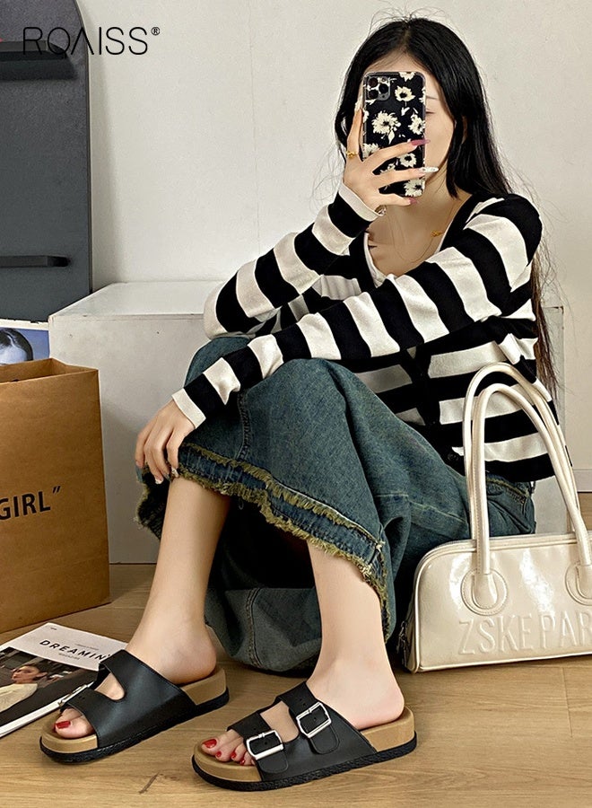 رويس أحذية بيركنستوك النسائية المسطحة، صنادل بيركنستوك الفرنسية الكاجوال، أحذية شاطئ كورية متعددة الاستخدامات، صنادل مريحة - Image 3