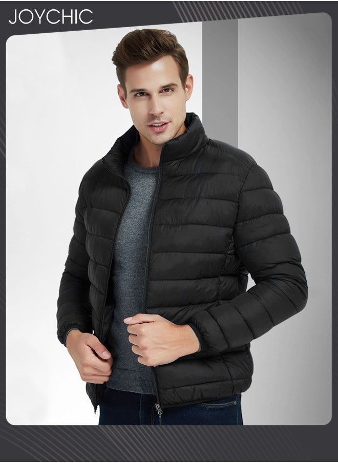 Joychic - Men Down Jackets & Coats Lightweight Light Full Zip Up Puffy Puff Bubble Insulated Winter Warm Hooded Coat Outdoor Travel Slim Fit Puffer Jacket Black - Image 1