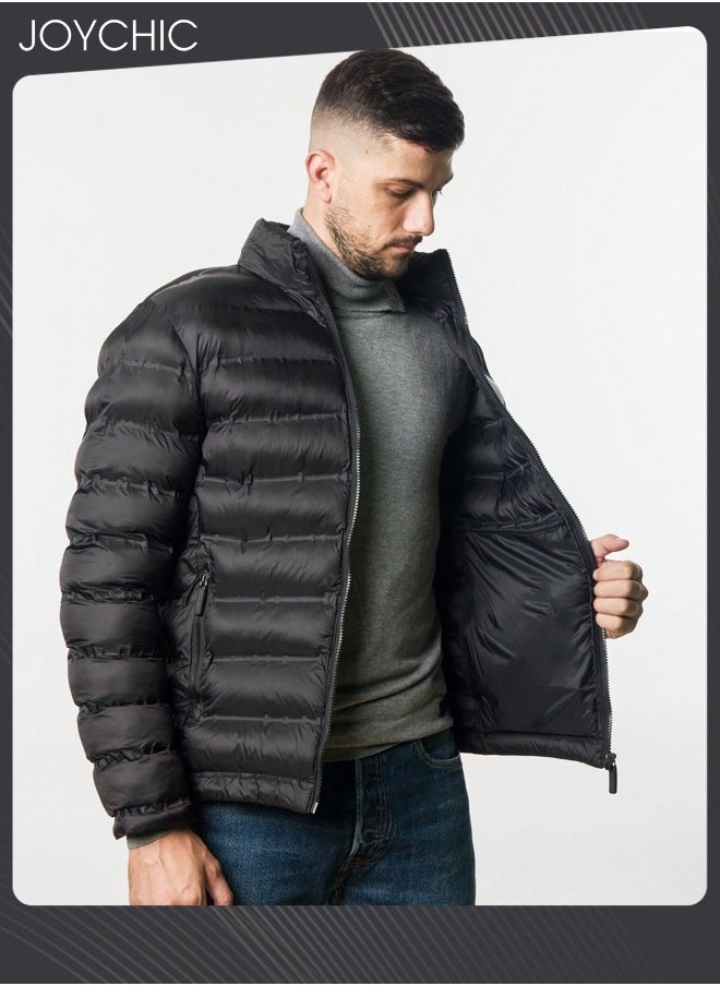 Joychic - Men Down Jackets & Coats Lightweight Light Full Zip Up Puffy Puff Bubble Insulated Winter Warm Hooded Coat Outdoor Travel Slim Fit Puffer Jacket Black - Image 1