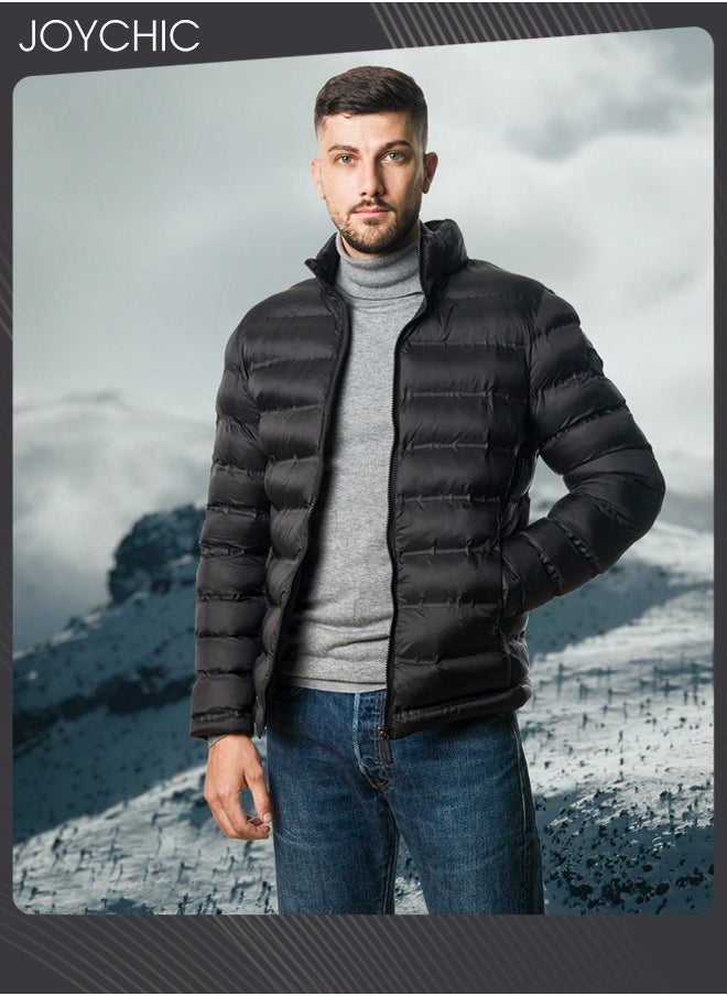 Joychic - Men Down Jackets & Coats Lightweight Light Full Zip Up Puffy Puff Bubble Insulated Winter Warm Hooded Coat Outdoor Travel Slim Fit Puffer Jacket Black - Image 1