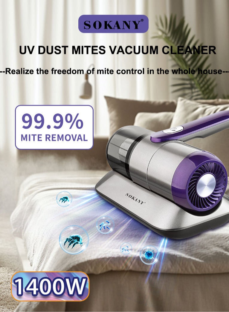 سوكاني مكنسة كهربائية للمراتب، شفط بقوة 14 كيلو باسكال، لإزالة عث الغبار، محمولة باليد، مزودة بضوء الأشعة فوق البنفسجية، وفلتر هواء عالي الكفاءة قابل للغسل - مكنسة كهربائية يدوية لتنظيف عميق للأسرة والأرائك والسجاد ووبر الحيوانات الأليفة، سلكية، لون بنفسجي، SK-13029 - Image 2
