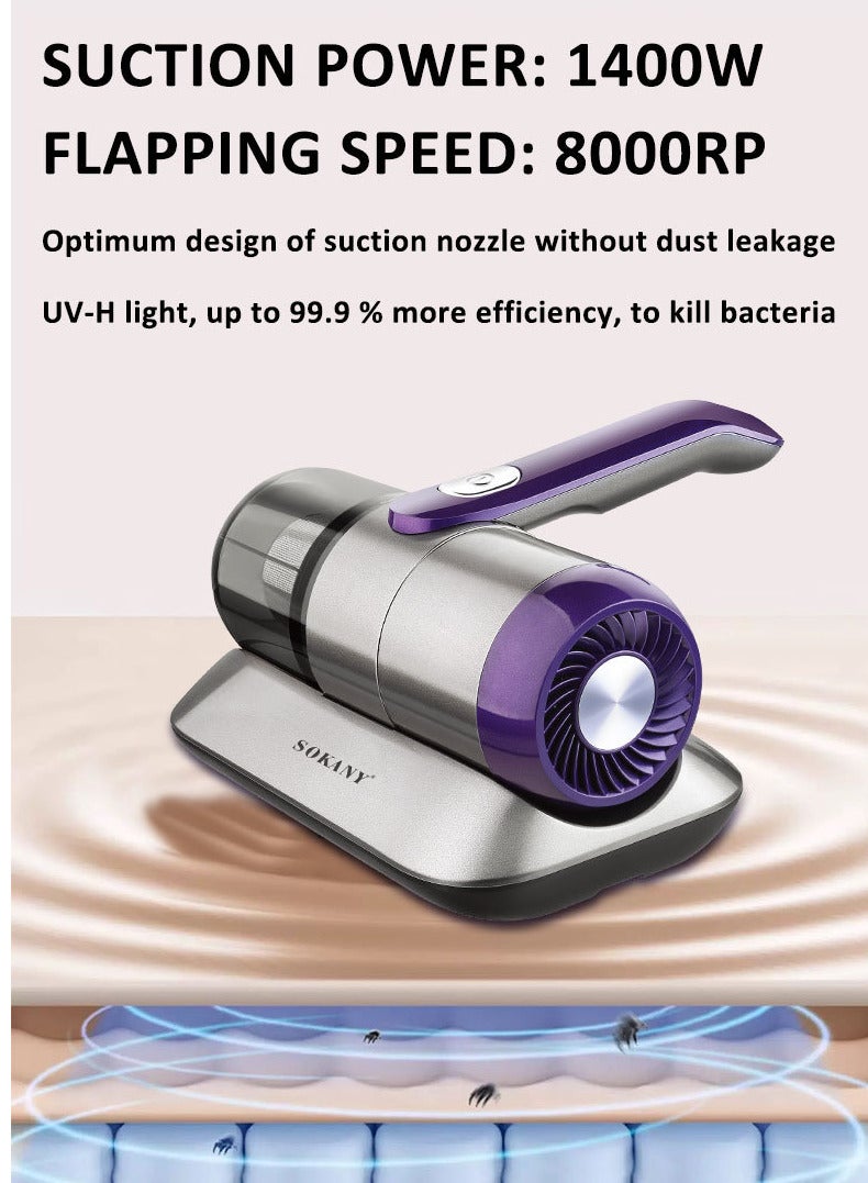 سوكاني مكنسة كهربائية للمراتب، شفط بقوة 14 كيلو باسكال، لإزالة عث الغبار، محمولة باليد، مزودة بضوء الأشعة فوق البنفسجية، وفلتر هواء عالي الكفاءة قابل للغسل - مكنسة كهربائية يدوية لتنظيف عميق للأسرة والأرائك والسجاد ووبر الحيوانات الأليفة، سلكية، لون بنفسجي، SK-13029 - Image 3