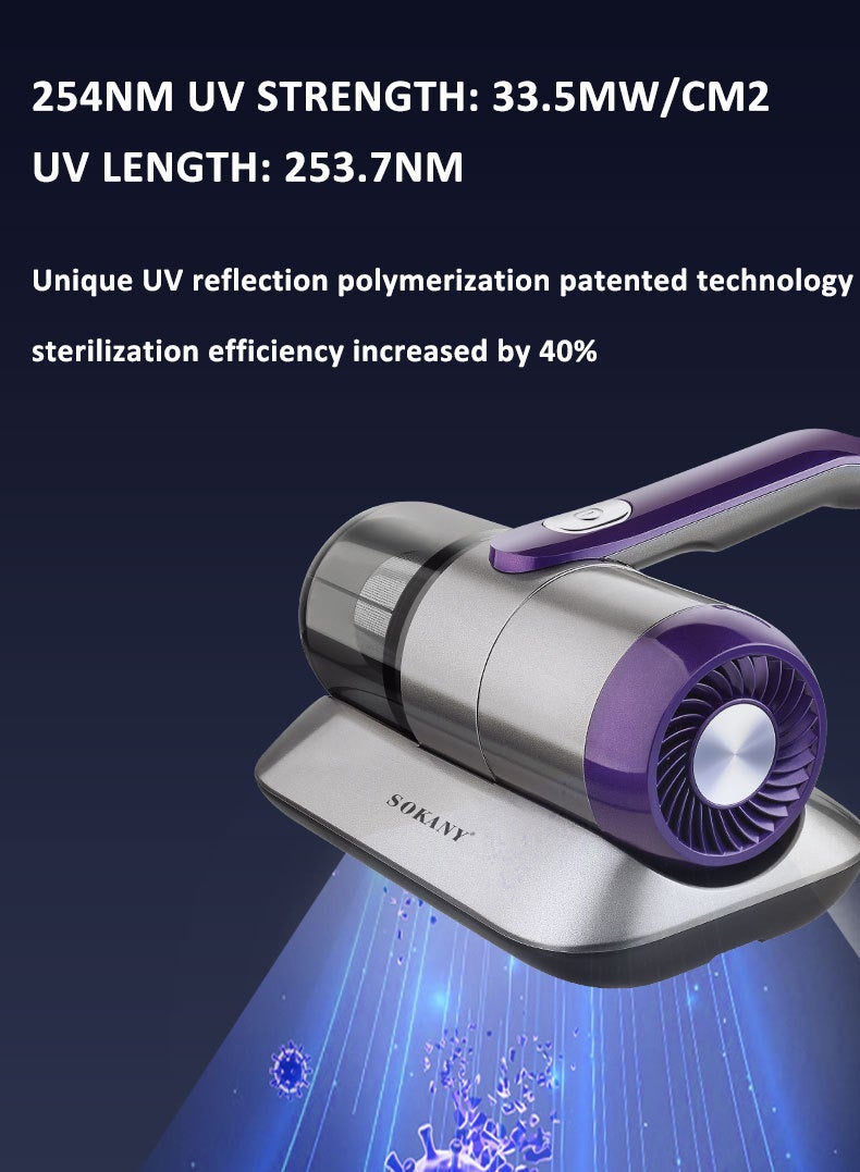 سوكاني مكنسة كهربائية للمراتب، شفط بقوة 14 كيلو باسكال، لإزالة عث الغبار، محمولة باليد، مزودة بضوء الأشعة فوق البنفسجية، وفلتر هواء عالي الكفاءة قابل للغسل - مكنسة كهربائية يدوية لتنظيف عميق للأسرة والأرائك والسجاد ووبر الحيوانات الأليفة، سلكية، لون بنفسجي، SK-13029 - Image 4