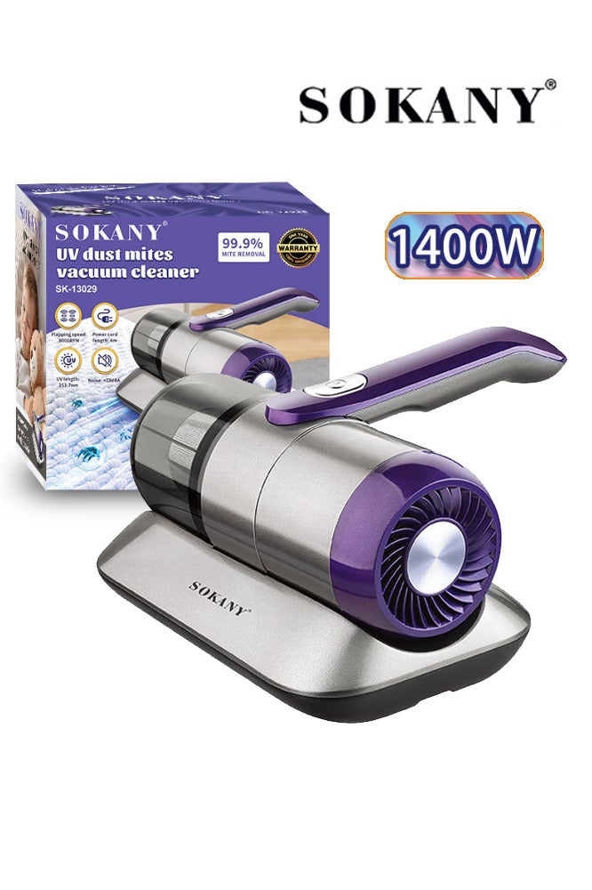سوكاني مكنسة كهربائية للمراتب، شفط بقوة 14 كيلو باسكال، لإزالة عث الغبار، محمولة باليد، مزودة بضوء الأشعة فوق البنفسجية، وفلتر هواء عالي الكفاءة قابل للغسل - مكنسة كهربائية يدوية لتنظيف عميق للأسرة والأرائك والسجاد ووبر الحيوانات الأليفة، سلكية، لون بنفسجي، SK-13029 - Image 1