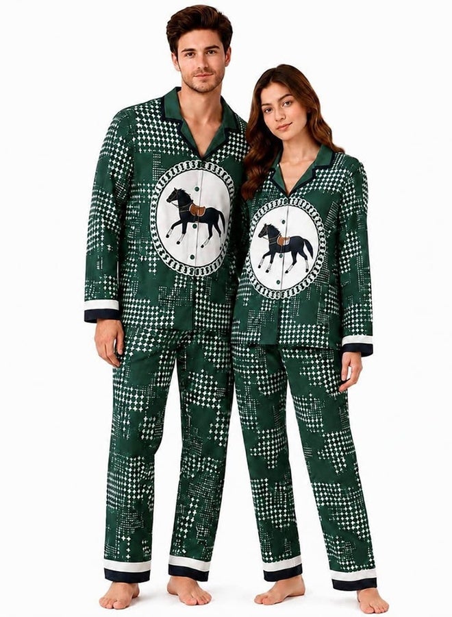 MARGOUN XL Size Men,Large Size Women , Couple Pajamas, Set Silk Like, Horse Print Nightwear Fashion Couple Sleepwear Home Clothes for Men Women Green / MG13