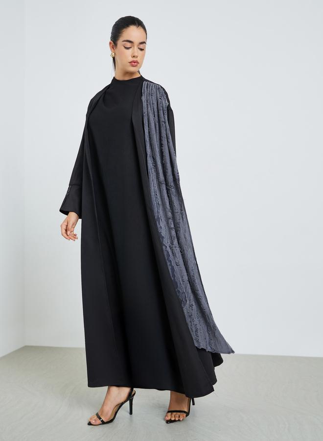Amirah Women Black Abaya with Textured Printed Scarf - Image 3