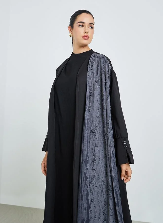 Amirah Women Black Abaya with Textured Printed Scarf