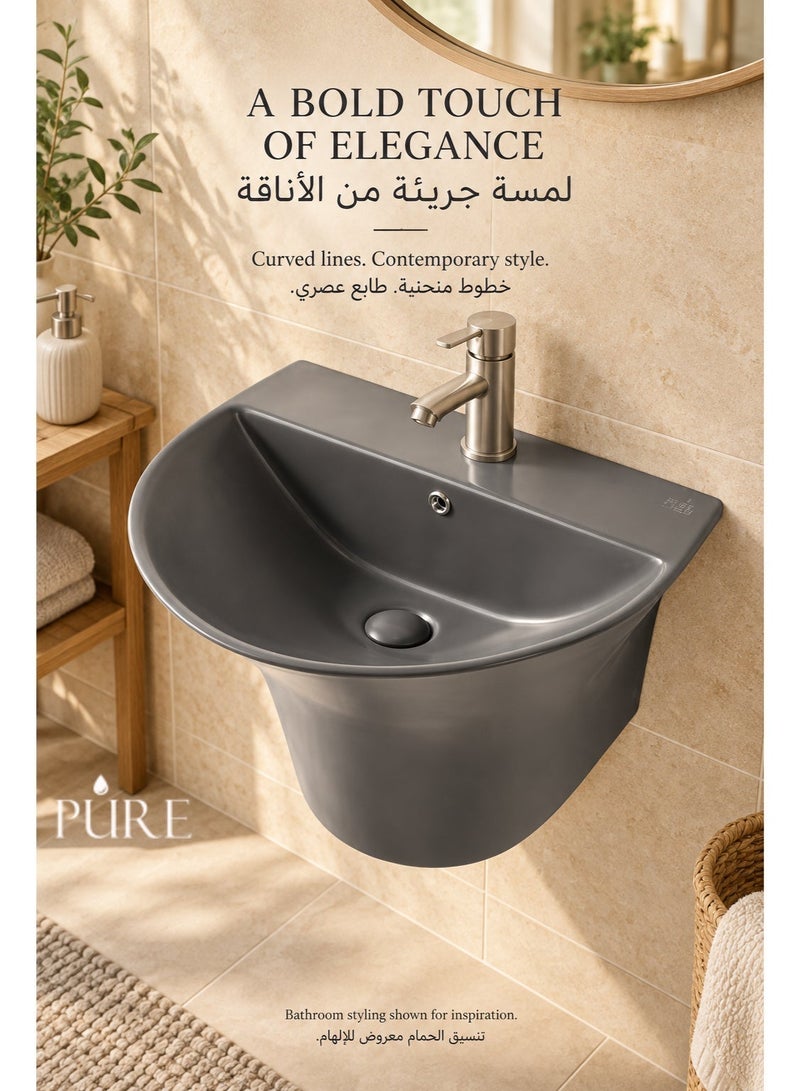 بيور حوض غسيل جداري معلق من Pure لون رمادي مطفي | مغسلة حمام عصرية | تصميم موفر للمساحة | سيراميك سهل التنظيف - Image 1