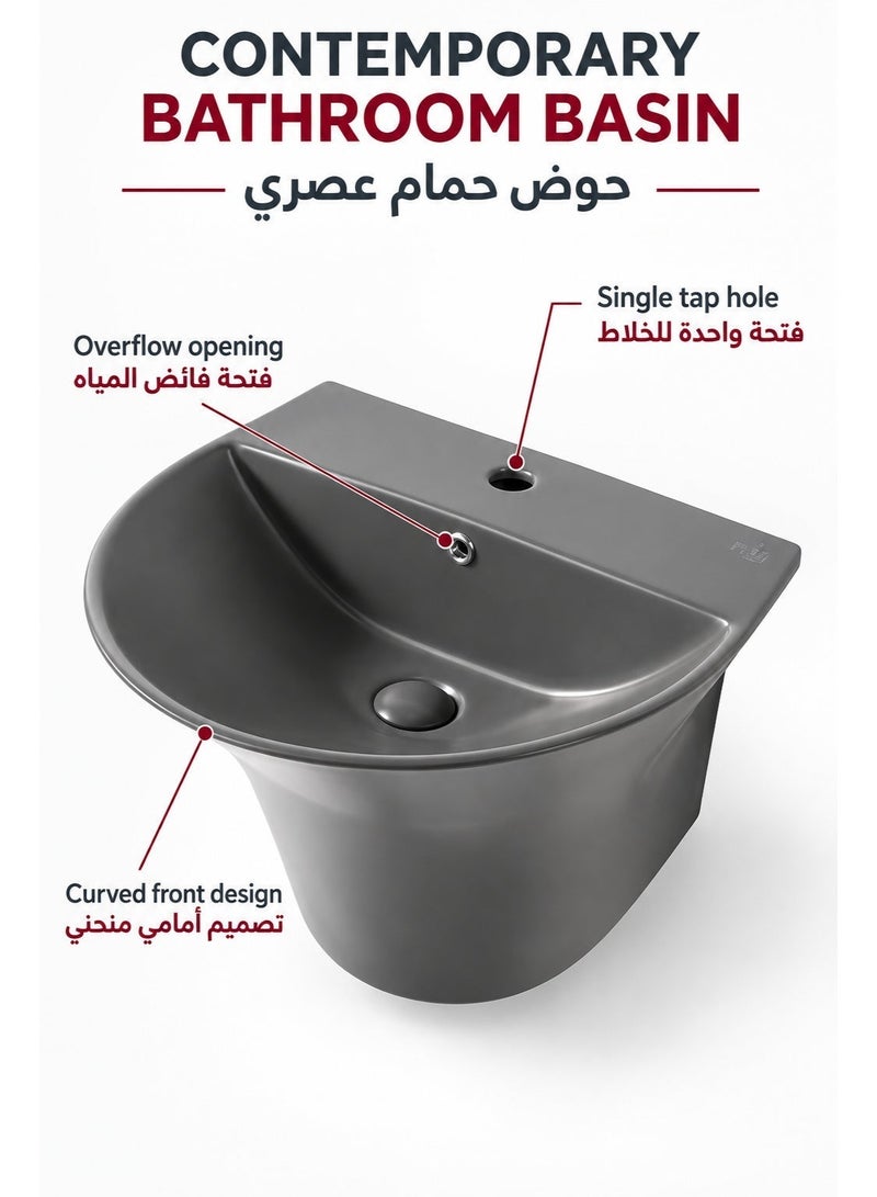 بيور حوض غسيل جداري معلق من Pure لون رمادي مطفي | مغسلة حمام عصرية | تصميم موفر للمساحة | سيراميك سهل التنظيف - Image 4