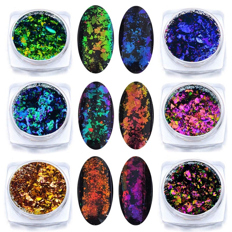 KUKA Iridescent Glitter Chameleon Nail Flakes Set Chrome Nail Powder Mirror Mermaid Effect Set 6 Jars Dark Chameleon - Image 1