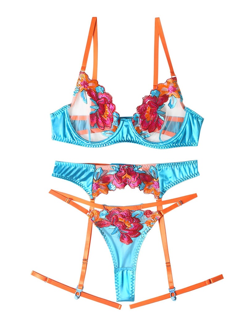Lilosy Sexy Leaf Floral Embroidered Mesh Sheer Belt Women Underwire Push Up Lingerie Set See Through Bra Panty 3 Piece Flower Blue Medium - Image 1