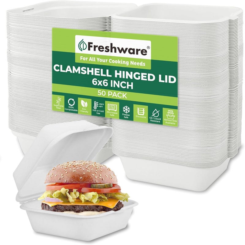 Freshware Compostable Clamshell Food Containers 6x6 50Pack Biodegradable Sugarcane To Go Boxes  Heavy Duty Paper Containers  Microwave  Freezer Safe Stackable - Image 1