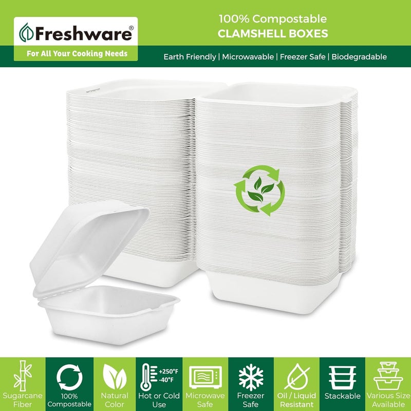 Freshware Compostable Clamshell Food Containers 6x6 50Pack Biodegradable Sugarcane To Go Boxes  Heavy Duty Paper Containers  Microwave  Freezer Safe Stackable - Image 2