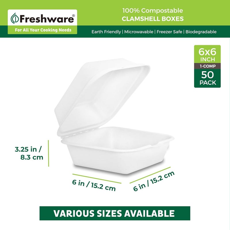 Freshware Compostable Clamshell Food Containers 6x6 50Pack Biodegradable Sugarcane To Go Boxes  Heavy Duty Paper Containers  Microwave  Freezer Safe Stackable - Image 3