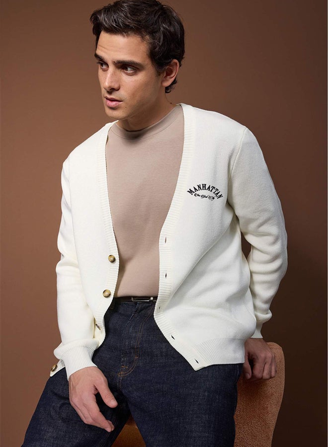 trendyol Ecru Oversize VNeck Plain Cardigan - Image 1