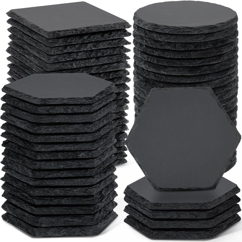 60 PCS Slate Coasters Bulk MAPRIAL 4 Inch 20PCS Black Square 20PCS Round 20PCS Hexagon Handmade Stone Drink Coasters for Laser Engraving Engravable Blanks Material for Engraver Home Decor Gifts