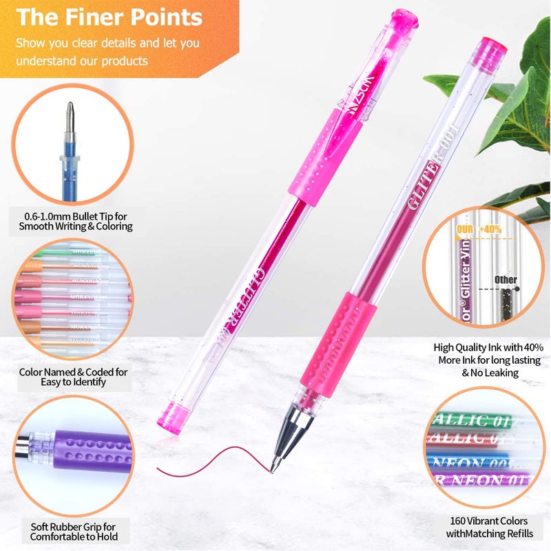 ZSCM QUALITY DECIDES THE FUTURE 320 Pack Gel Pens for Adult Coloring Book, 160 Colors Artist Pens Include 156 Pens, 4 Metallic Sparkle With 160 Refills, Fine Tip Metallic Glitter for Drawing Doodling Art Supplies - Image 2