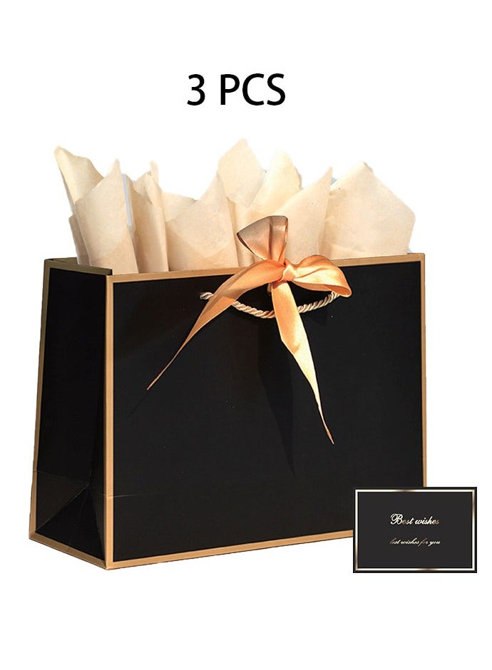 Neox 3 Pcs Black Large Gift Bags, Paper Bags with Ribbon, Greeting Cards and Tissue Paper, Portable Party Bags with Handles, Birthday Gift Bags, Present Bags for Wedding Party, Party Supplies - Image 1