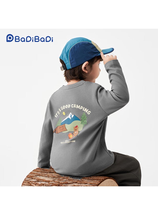 Badibadi Spring And Autumn Baby Boys Pure Cotton Long Sleeve T-shirt Base Shirt Happy Letters + Camping Bear Yellow Size 90 - Image 2
