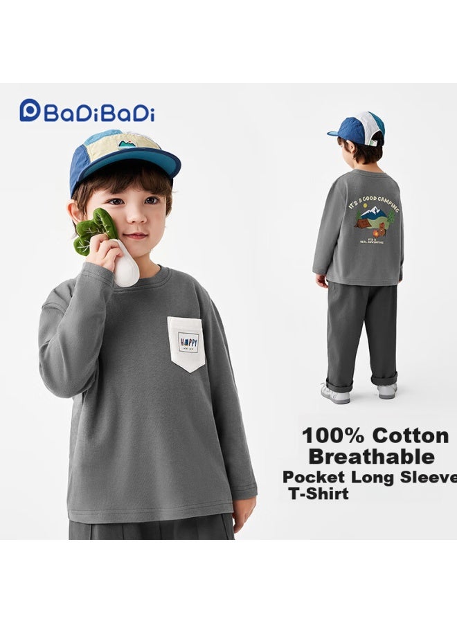 Badibadi Spring And Autumn Baby Boys Pure Cotton Long Sleeve T-shirt Base Shirt Happy Letters + Camping Bear Yellow Size 90 - Image 1